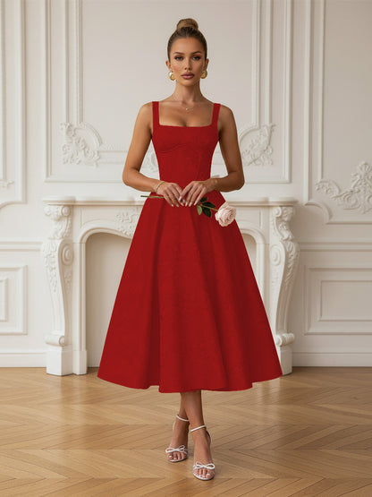 Vintage Spaghetti Strap Midi Prom Dresses with Floral Jacquard