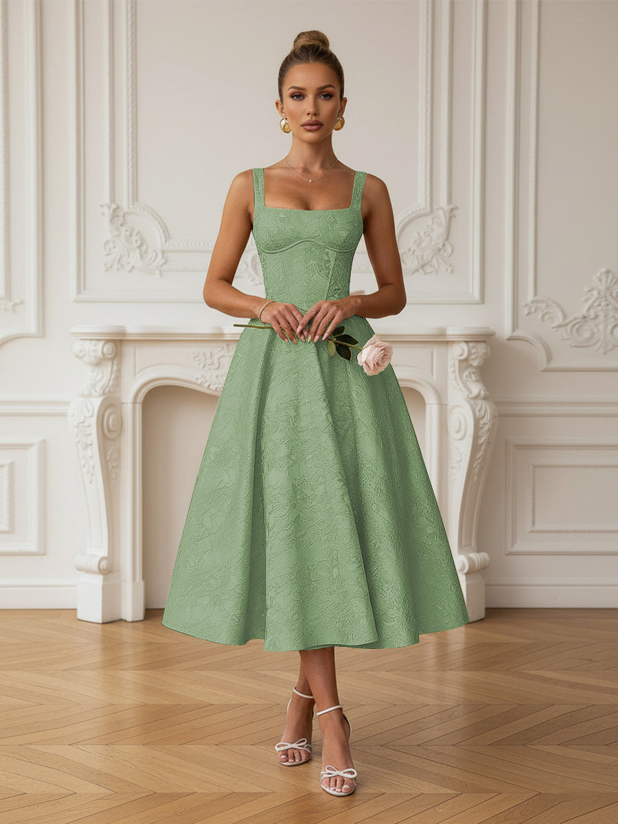 Vintage Spaghetti Strap Midi Prom Dresses with Floral Jacquard