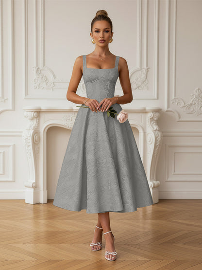 Vintage Spaghetti Strap Midi Prom Dresses with Floral Jacquard