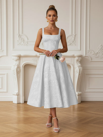 Vintage Spaghetti Strap Midi Prom Dresses with Floral Jacquard