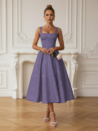 Vintage Spaghetti Strap Midi Prom Dresses with Floral Jacquard