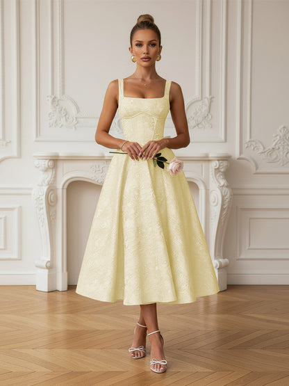 Vintage Spaghetti Strap Midi Prom Dresses with Floral Jacquard