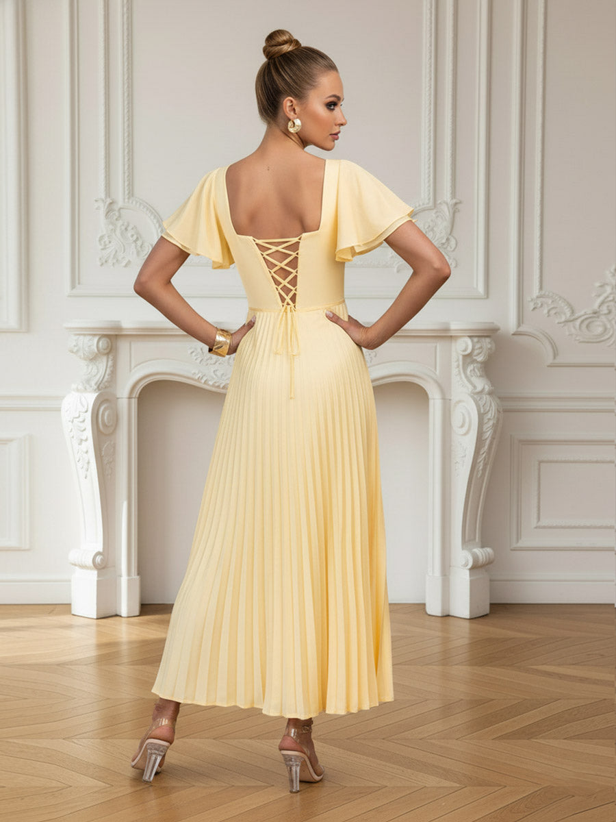 A-Line/Princess Ruffle Sleeve Pleated Satin Floor-Length Prom Dresses