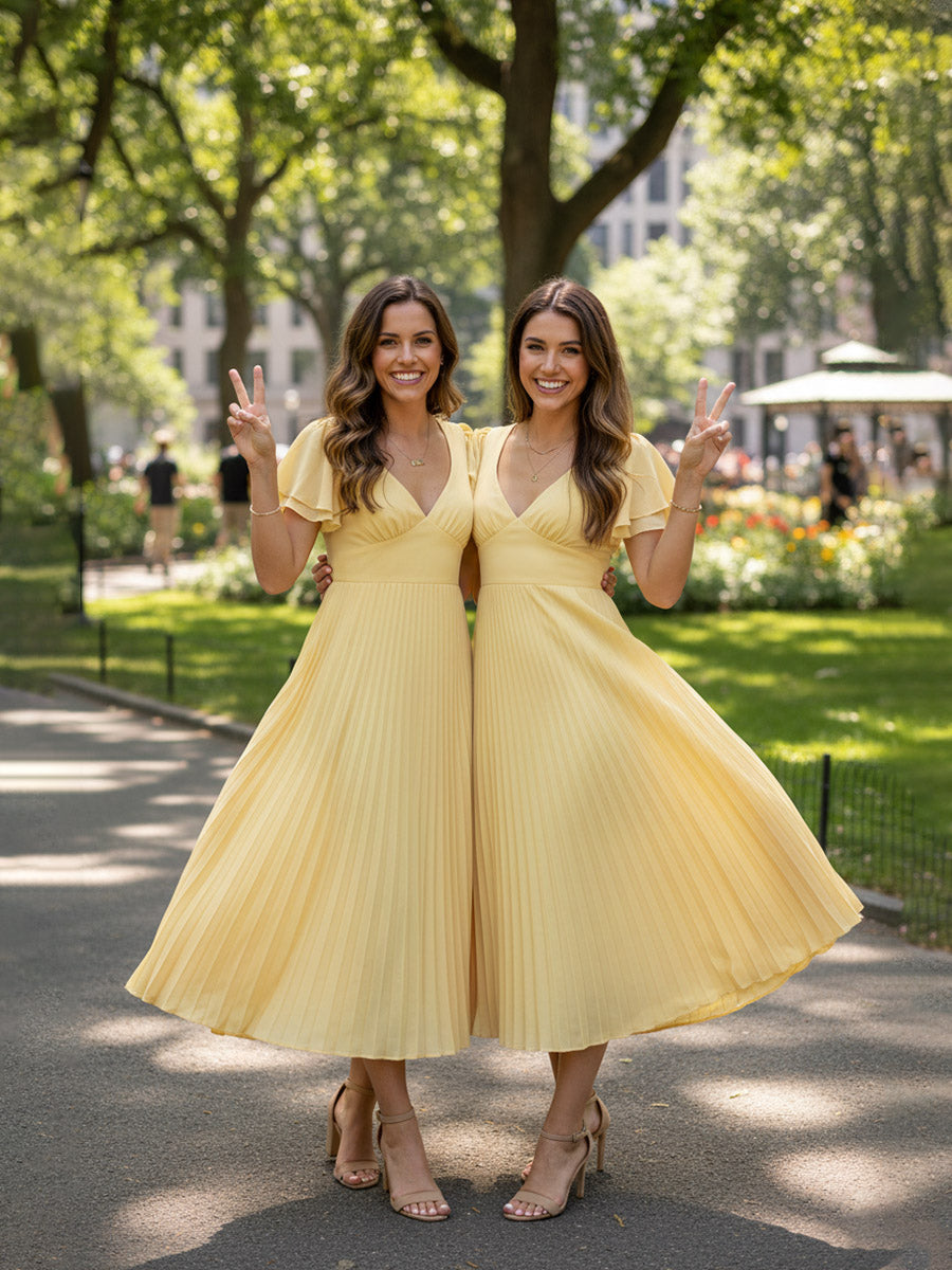 A-Line/Princess Ruffle Sleeve Pleated Satin Floor-Length Prom Dresses