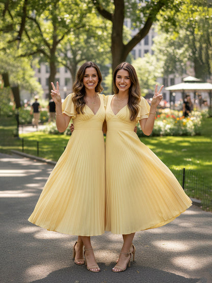 A-Line/Princess Ruffle Sleeve Pleated Satin Floor-Length Prom Dresses