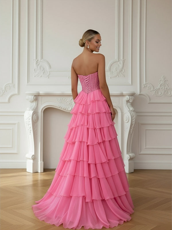 A-Line/Princess Tiered Strapless Floor Length Prom Dresses with Lace Applique
