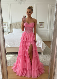 A-Line/Princess Tiered Strapless Floor Length Prom Dresses with Lace Applique