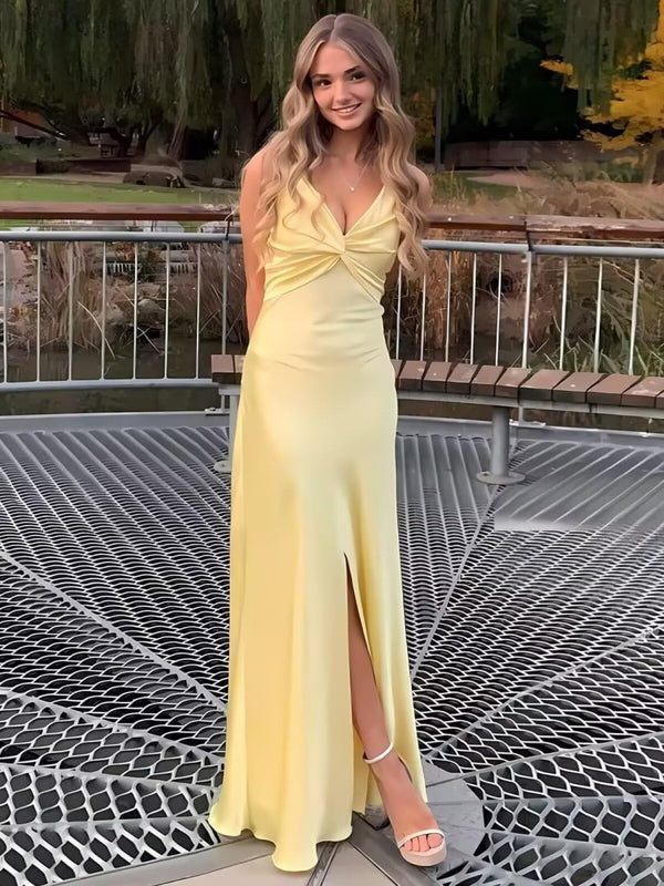 Mermaid/Trumpet Spaghetti Strap V Neck Floor-Length Prom Dresses with Satin