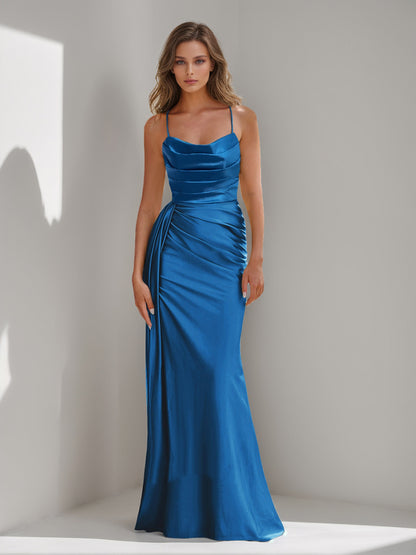 Trumpet/Mermaid Spaghetti Straps Long Ruched Cocktail Dresses with Watteau Train