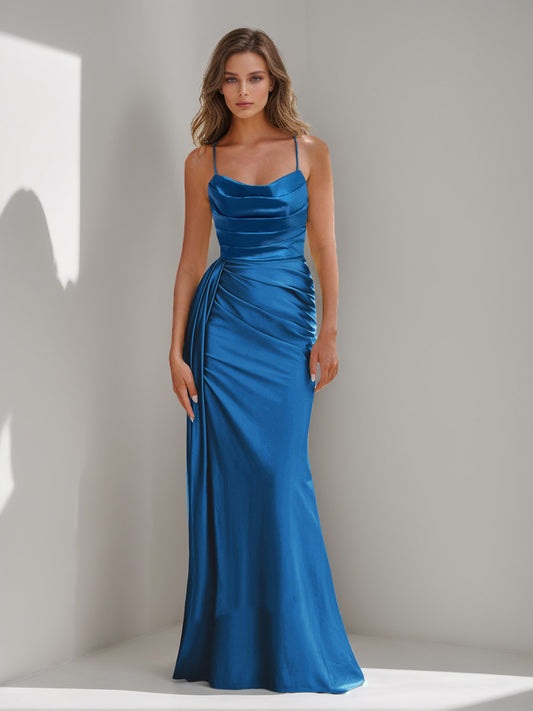 Trumpet/Mermaid Spaghetti Straps Long Ruched Cocktail Dresses with Watteau Train