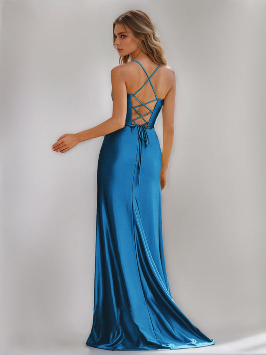 Trumpet/Mermaid Spaghetti Straps Long Ruched Cocktail Dresses with Watteau Train