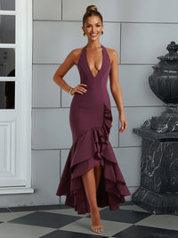 Bodycon Halter Hi-Lo Long Prom Dresses with Ruffle Slit