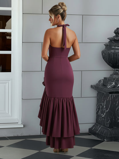 Bodycon Halter Hi-Lo Long Prom Dresses with Ruffle Slit
