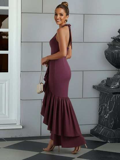 Bodycon Halter Hi-Lo Long Prom Dresses with Ruffle Slit