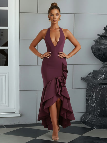 Bodycon Halter Hi-Lo Long Prom Dresses with Ruffle Slit