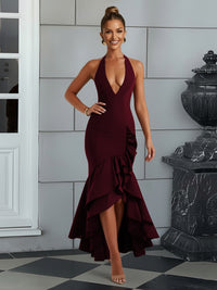 Bodycon Halter Hi-Lo Long Prom Dresses with Ruffle Slit