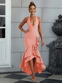 Bodycon Halter Hi-Lo Long Prom Dresses with Ruffle Slit