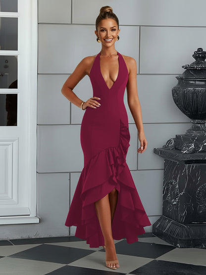 Bodycon Halter Hi-Lo Long Prom Dresses with Ruffle Slit