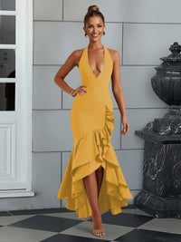 Bodycon Halter Hi-Lo Long Prom Dresses with Ruffle Slit