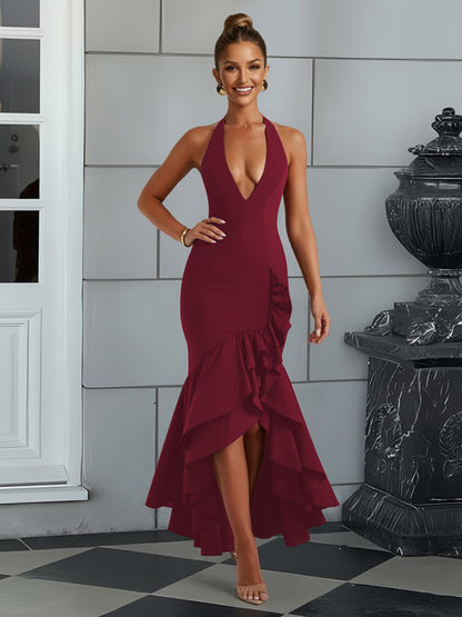 Bodycon Halter Hi-Lo Long Prom Dresses with Ruffle Slit