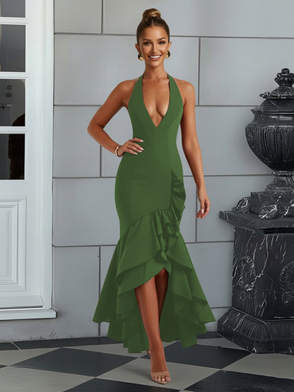 Bodycon Halter Hi-Lo Long Prom Dresses with Ruffle Slit