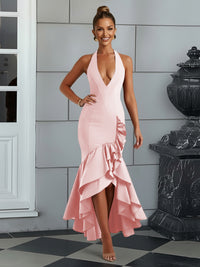Bodycon Halter Hi-Lo Long Prom Dresses with Ruffle Slit