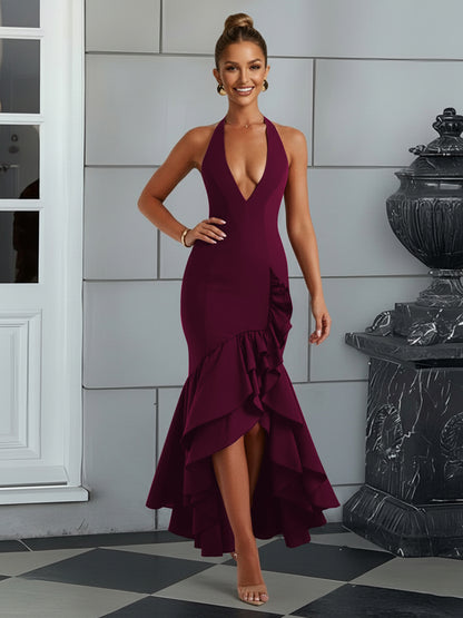 Bodycon Halter Hi-Lo Long Prom Dresses with Ruffle Slit