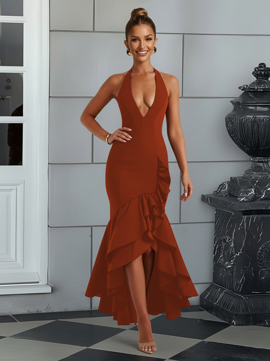 Bodycon Halter Hi-Lo Long Prom Dresses with Ruffle Slit