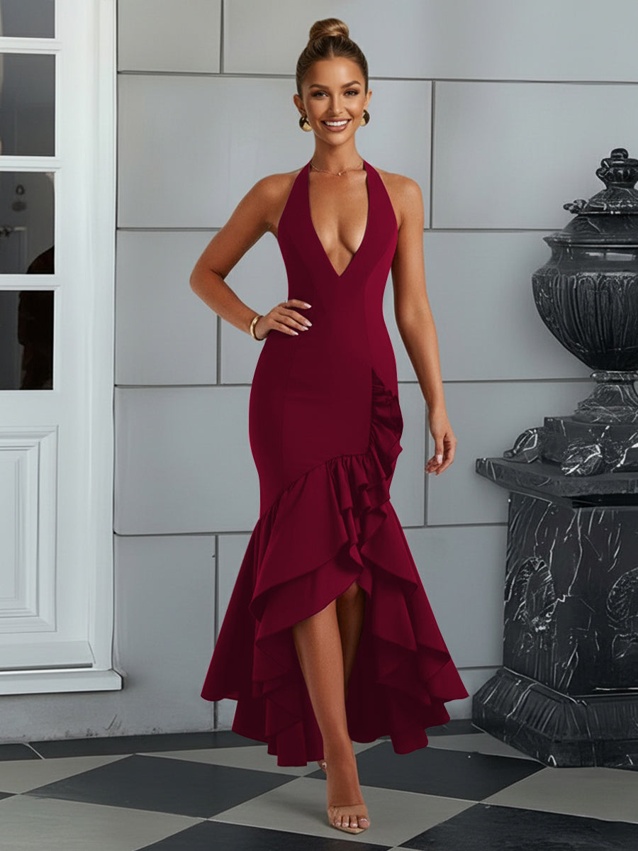 Bodycon Halter Hi-Lo Long Prom Dresses with Ruffle Slit