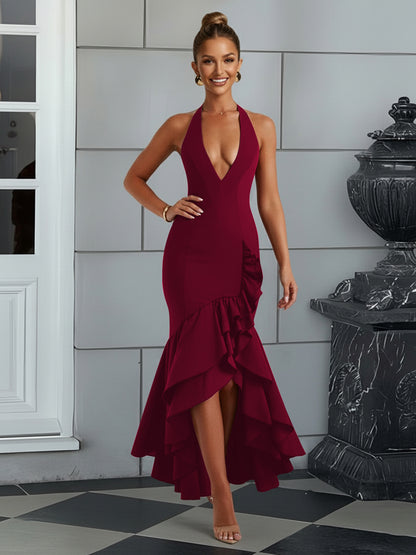 Bodycon Halter Hi-Lo Long Prom Dresses with Ruffle Slit