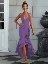 Bodycon Halter Hi-Lo Long Prom Dresses with Ruffle Slit