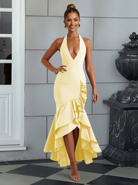 Bodycon Halter Hi-Lo Long Prom Dresses with Ruffle Slit