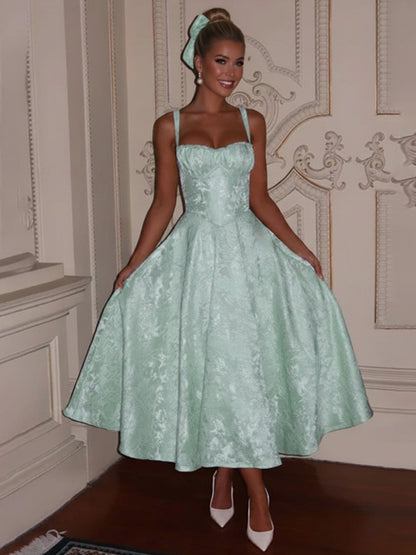 Y2K Spaghetti Strap Midi Prom Dresses with Floral Jacquard