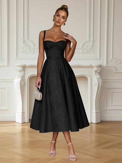 Y2K Spaghetti Strap Midi Prom Dresses with Floral Jacquard