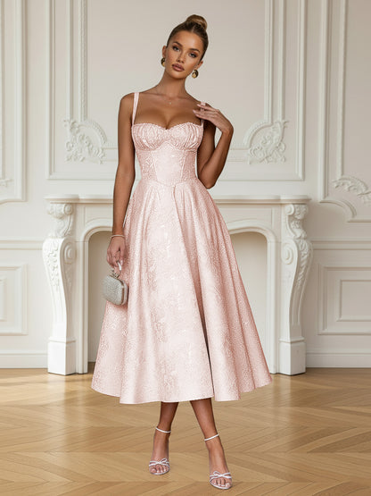 Y2K Spaghetti Strap Midi Prom Dresses with Floral Jacquard