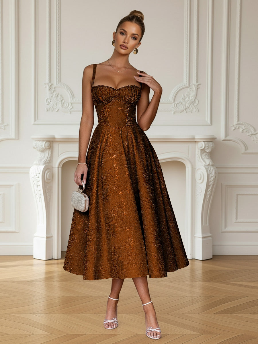 Y2K Spaghetti Strap Midi Prom Dresses with Floral Jacquard