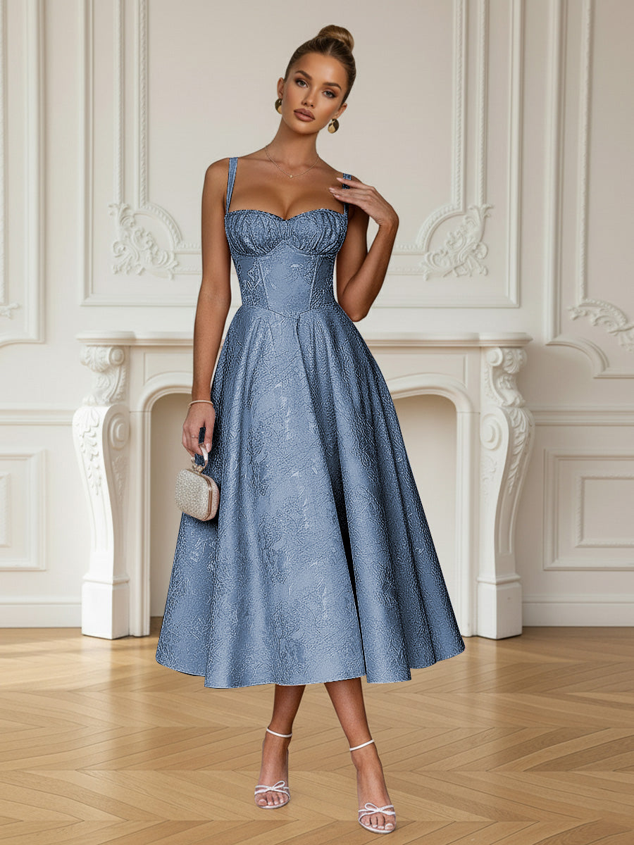 Y2K Spaghetti Strap Midi Prom Dresses with Floral Jacquard