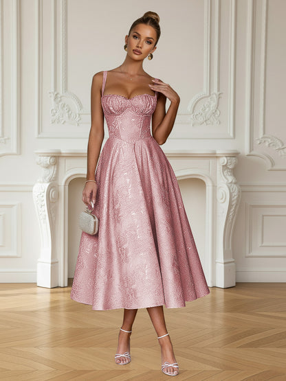 Y2K Spaghetti Strap Midi Prom Dresses with Floral Jacquard