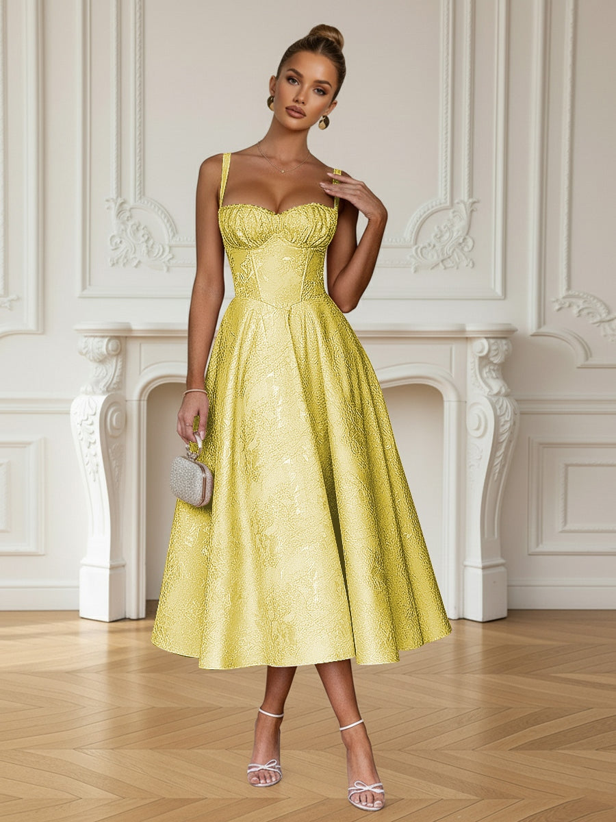 Y2K Spaghetti Strap Midi Prom Dresses with Floral Jacquard