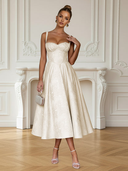 Y2K Spaghetti Strap Midi Prom Dresses with Floral Jacquard