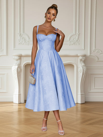 Y2K Spaghetti Strap Midi Prom Dresses with Floral Jacquard