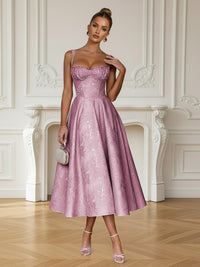 Y2K Spaghetti Strap Midi Prom Dresses with Floral Jacquard