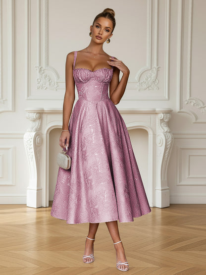 Y2K Spaghetti Strap Midi Prom Dresses with Floral Jacquard