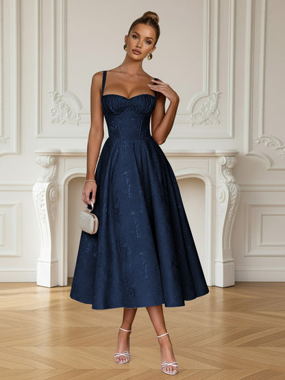 Y2K Spaghetti Strap Midi Prom Dresses with Floral Jacquard