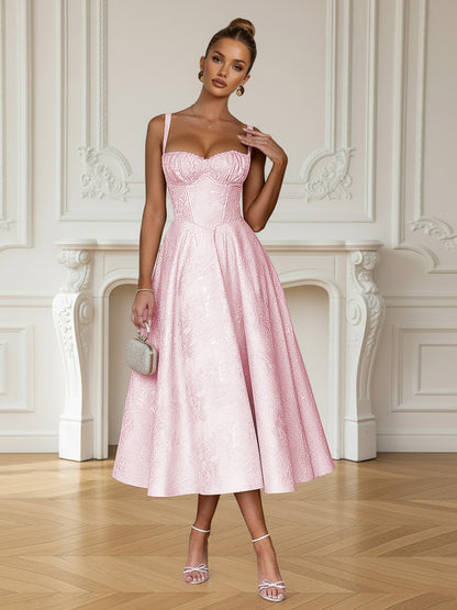 Y2K Spaghetti Strap Midi Prom Dresses with Floral Jacquard