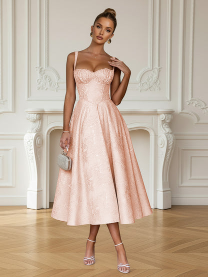 Y2K Spaghetti Strap Midi Prom Dresses with Floral Jacquard