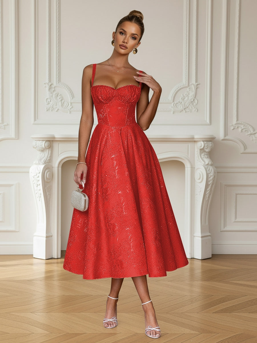 Y2K Spaghetti Strap Midi Prom Dresses with Floral Jacquard