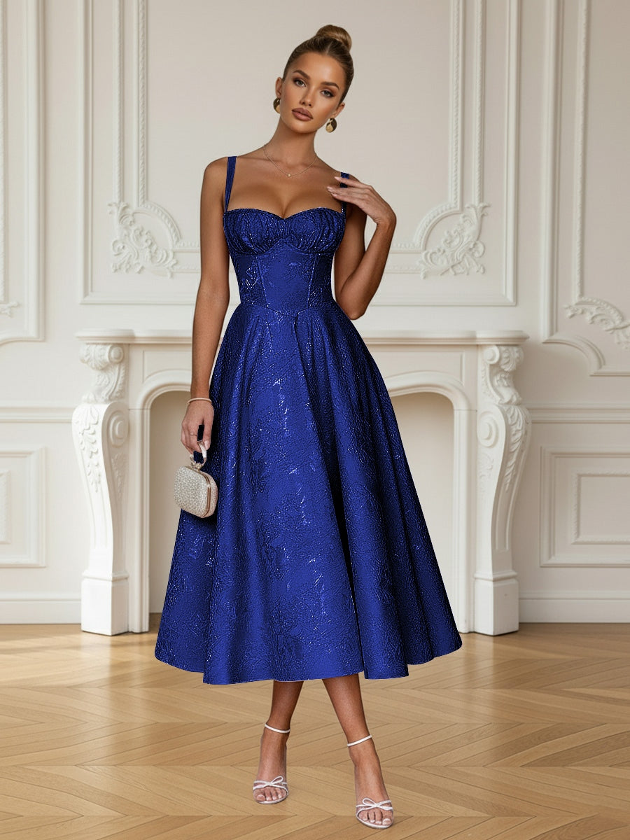 Y2K Spaghetti Strap Midi Prom Dresses with Floral Jacquard