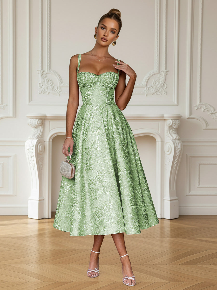 Y2K Spaghetti Strap Midi Prom Dresses with Floral Jacquard