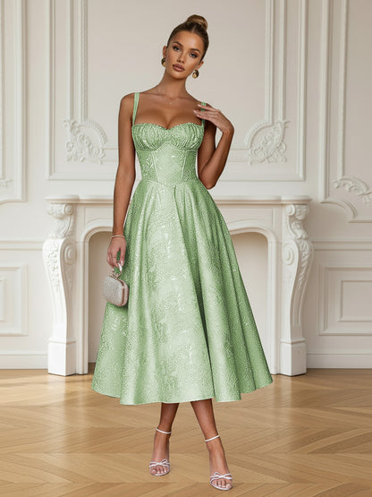 Y2K Spaghetti Strap Midi Prom Dresses with Floral Jacquard